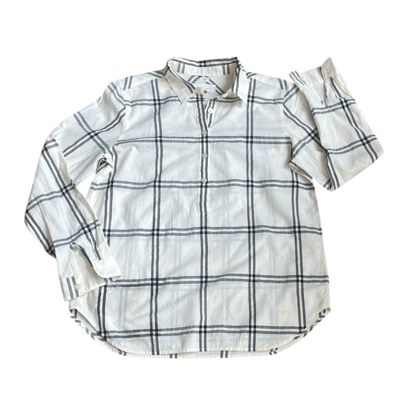 Loft Softened Cream & Black Plaid Long Sleeve Half button shirt - Picture 2 of 10